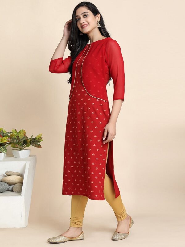 Maroon Poly Crepe Floral Print Straight Kurta - Image 2