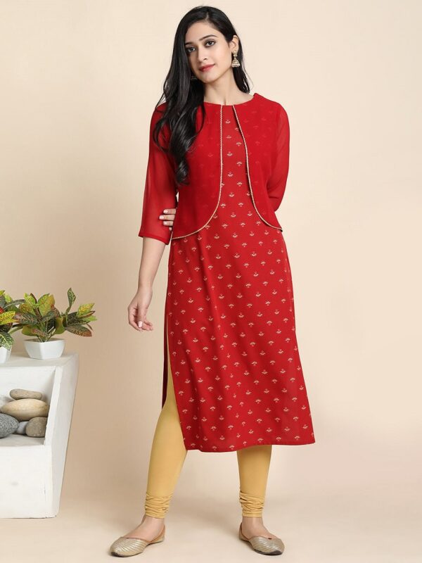 Maroon Poly Crepe Floral Print Straight Kurta - Image 3