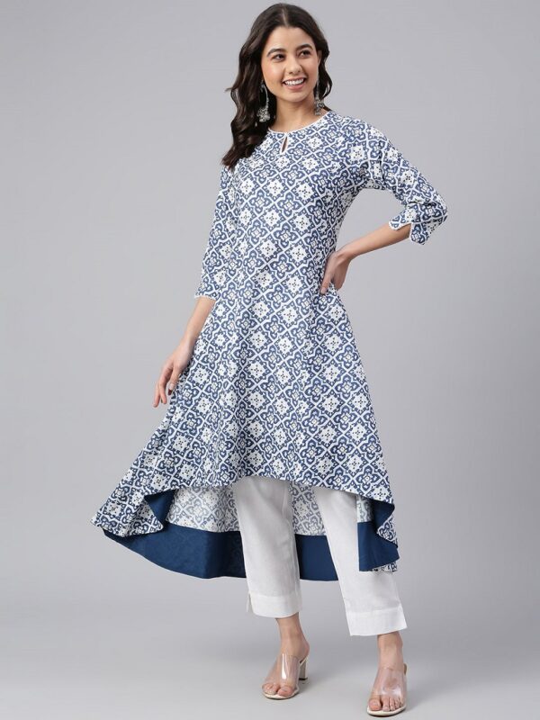 Navy Blue Cotton Block Print High Low Kurta - Image 2